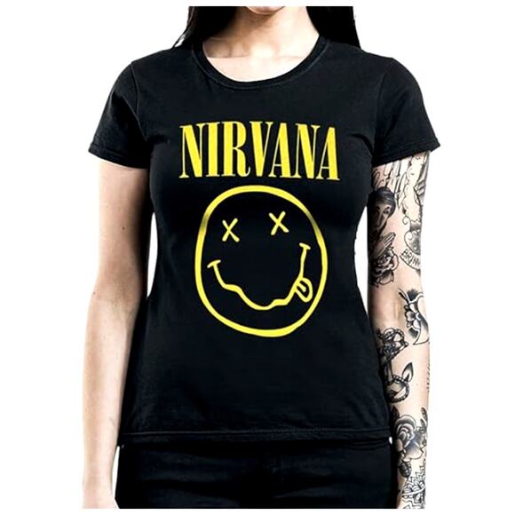 Nirvana Black and Yellow Smiley Face Logo Band Tee Graphic T-Shirt Sz M - Picture 1 of 9